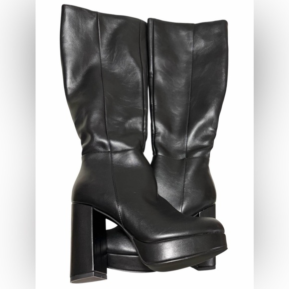 Shoes - Black Platform Knee-High Leather Boots